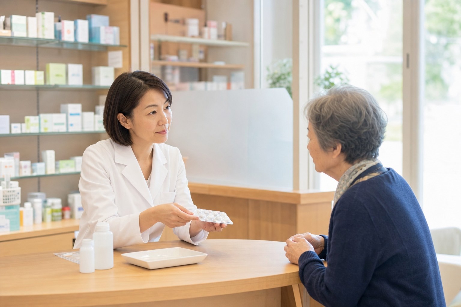 患者さまと丁寧に話す薬剤師(イメージ)